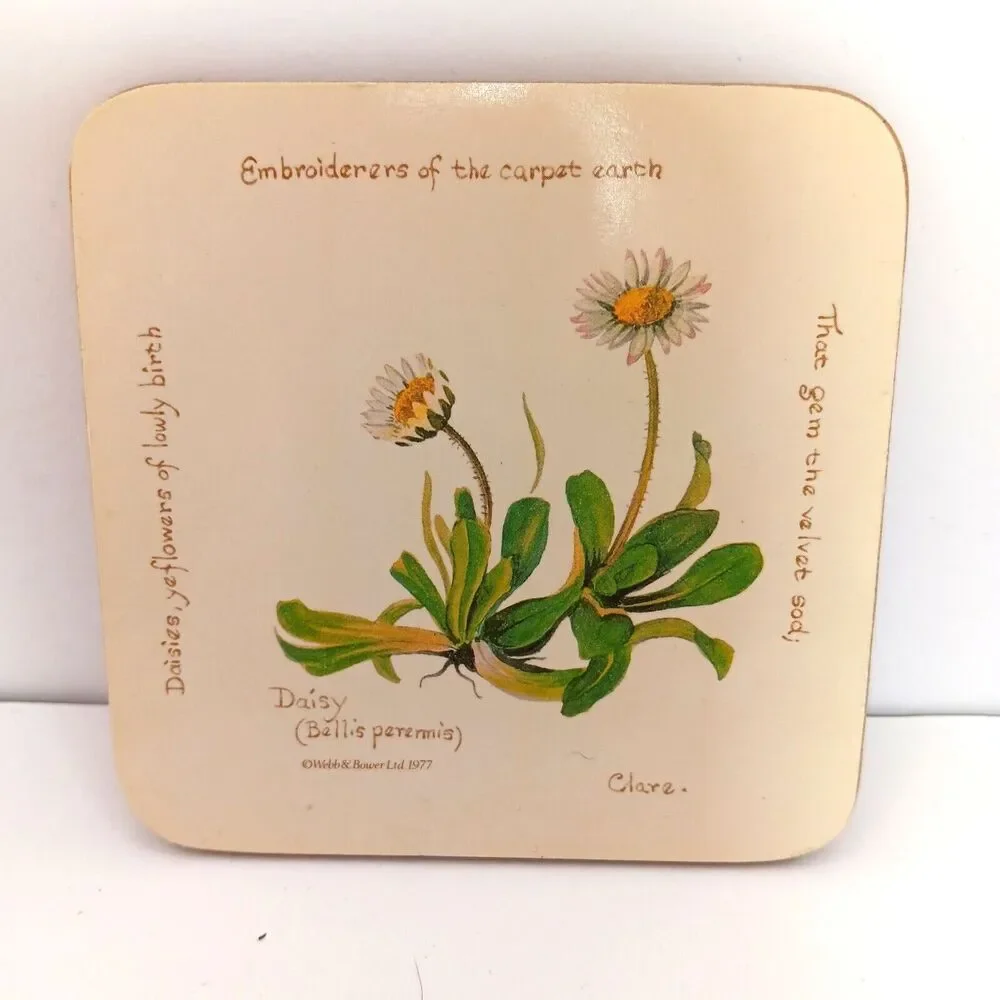 Vintage Richard Webb Coasters 1977 Cork Backed Cream with Flowers and Poems